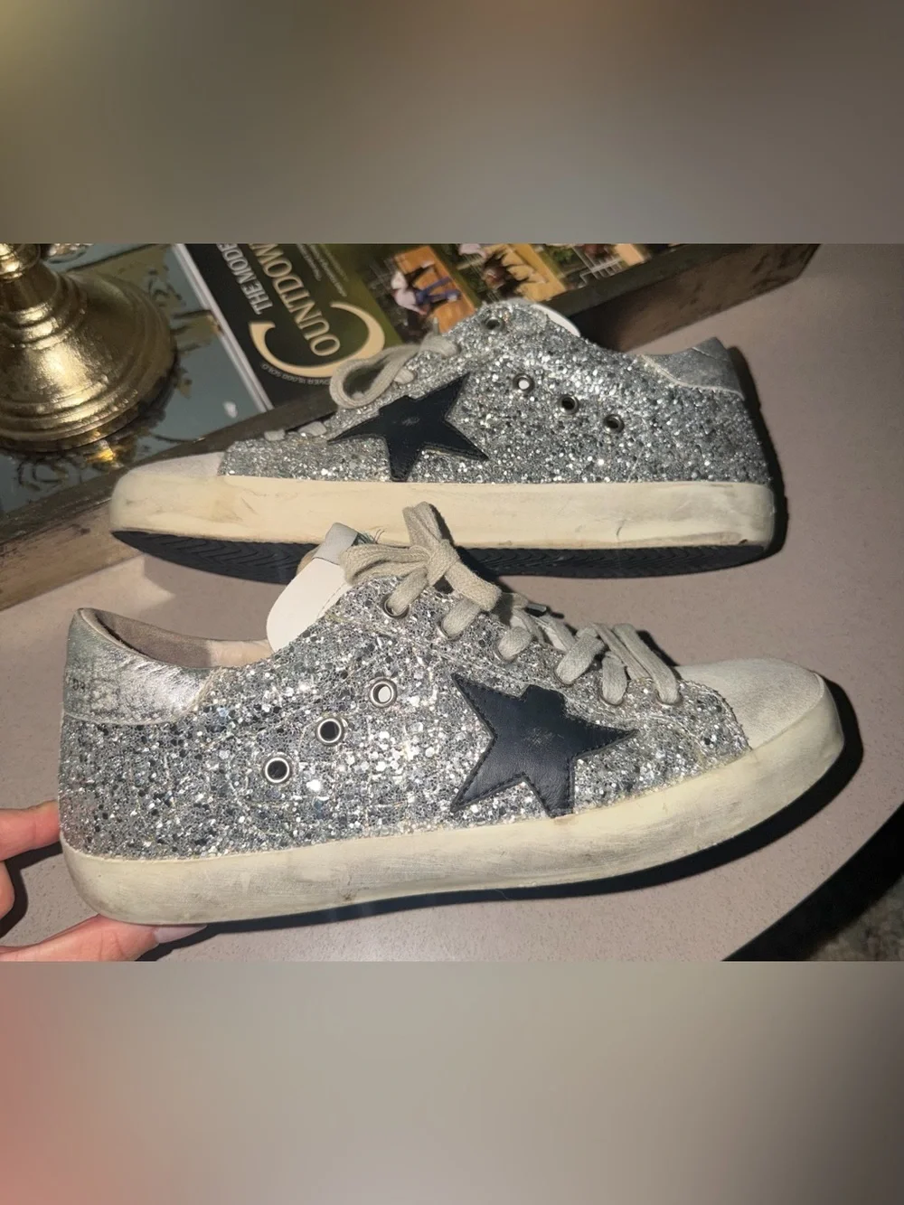 Golden Goose Silver Glitter Low-Top Sneakers with Black Star